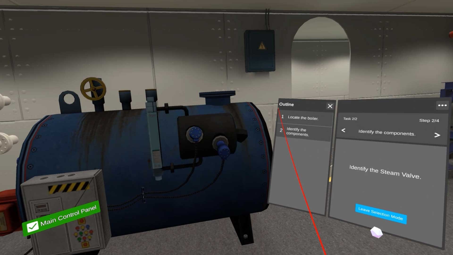 Using Virtual Reality for training to identify a main control panel and steam valve in a shipbuilding environment.