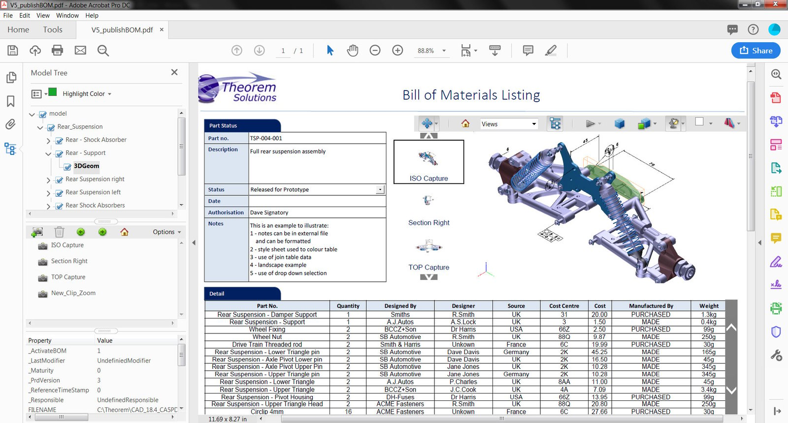 Image of a bill of materials PDF. It includes a 3D model of an engineering part with measurements, a table of parts, and a model tree.