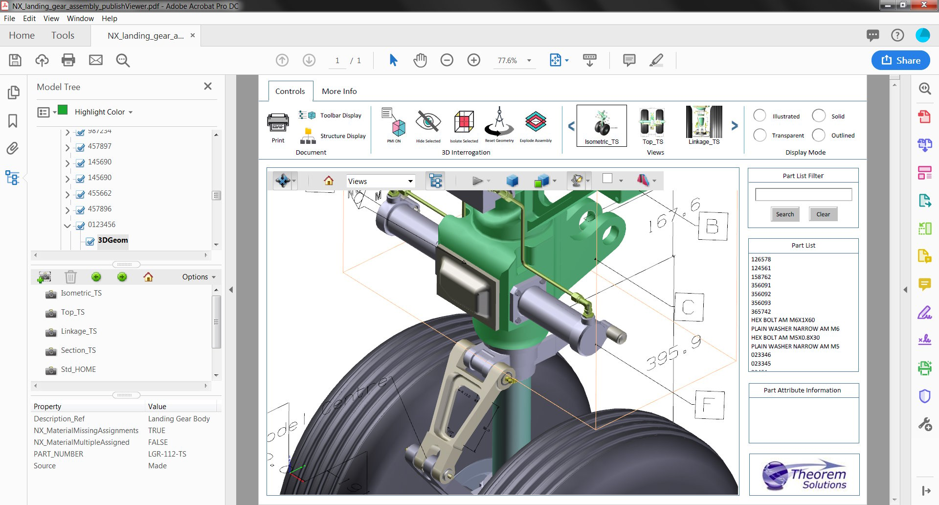 An image of a PDF document with a 3D model of a landing gear with measurements and annotations.