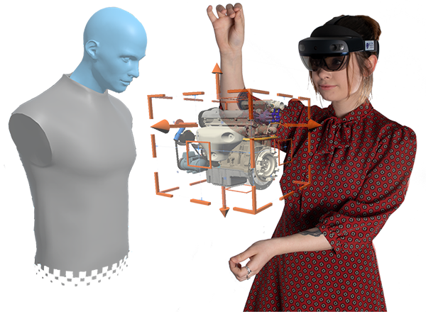 A person and a representation of a virtual avatar, visualizing a car engine in XR.