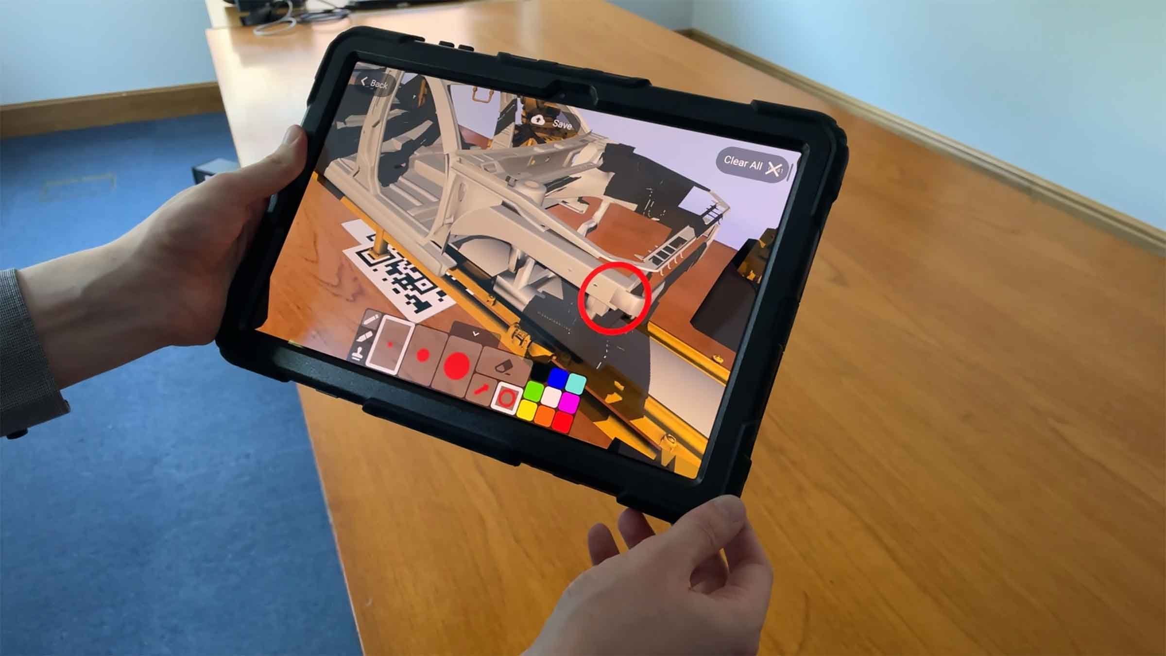 An image of AEC data being visualized on a tablet in Augmented Reality using the Theorem-AR app.
