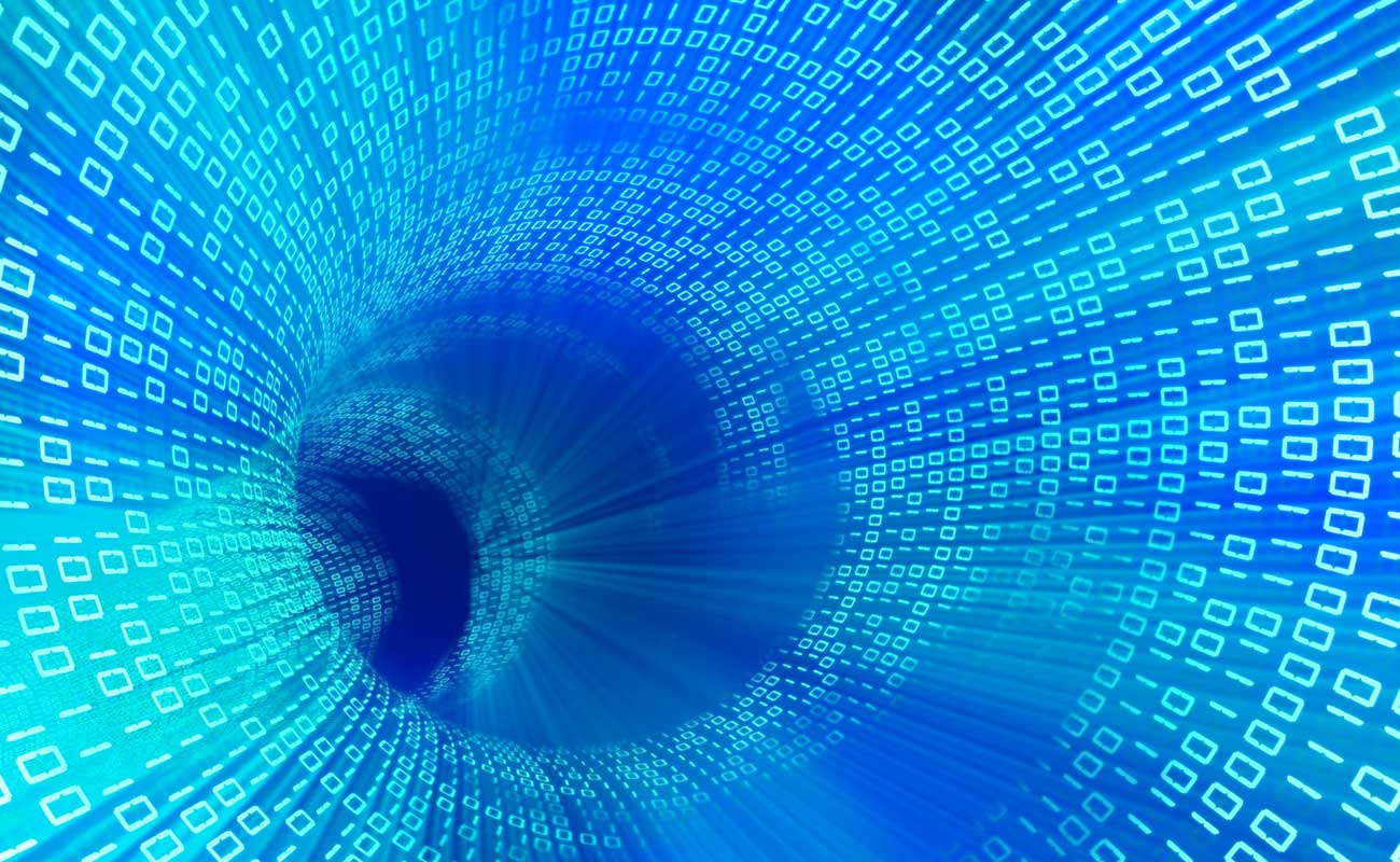 A 3d tunnel made of binary ones and zeroes.