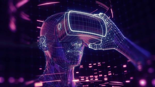 3D render of virtual man holding virtual reality glasses surrounded by virtual data with neon ultraviolet lines