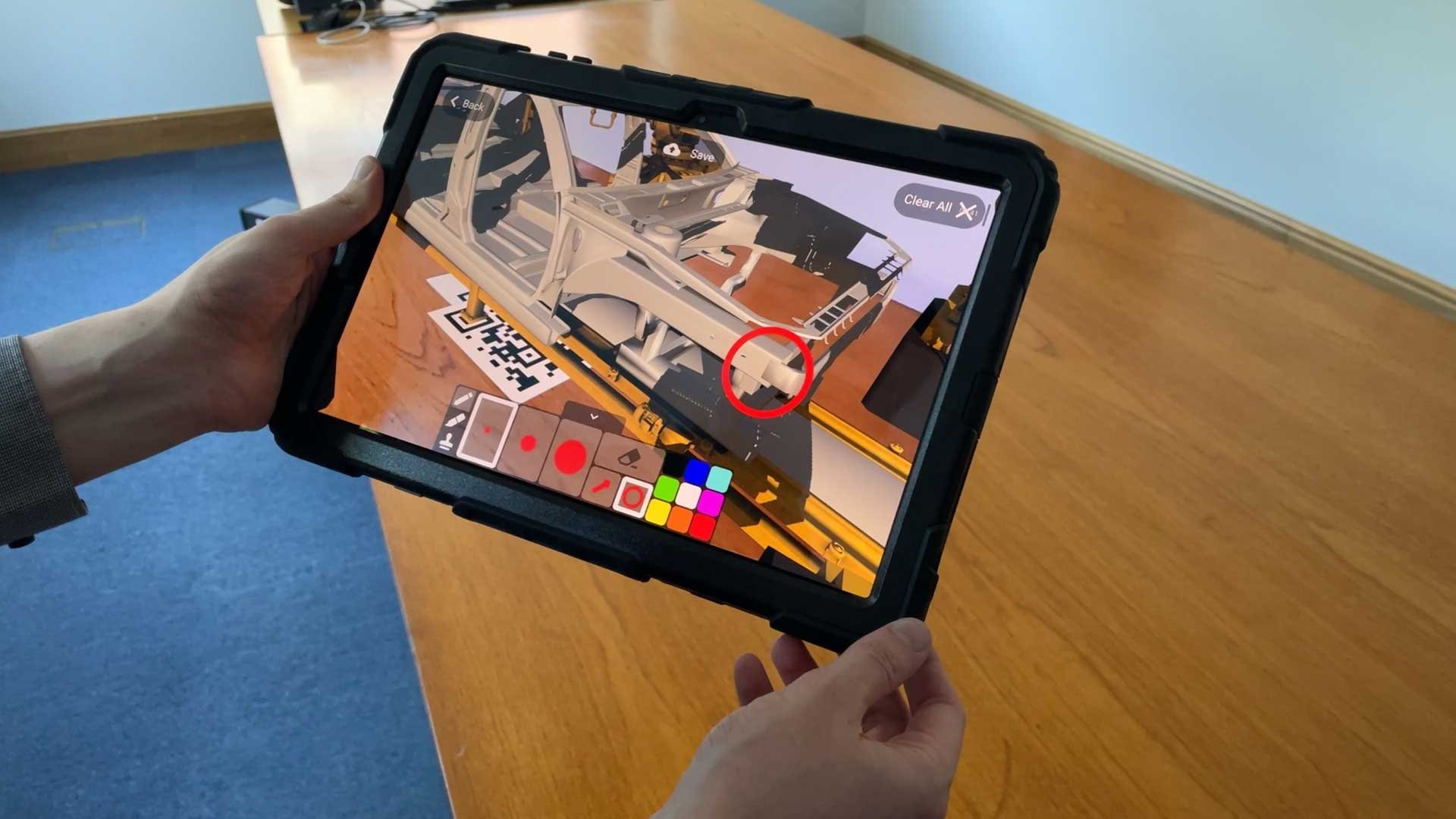 A picture of the markup tool being used in the Theorem-AR app on the Samsung Galaxy Tab S7.