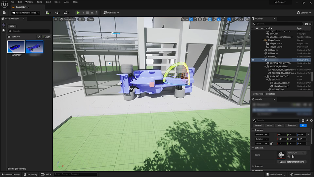 A model of a racing car being rotated in an Unreal project.