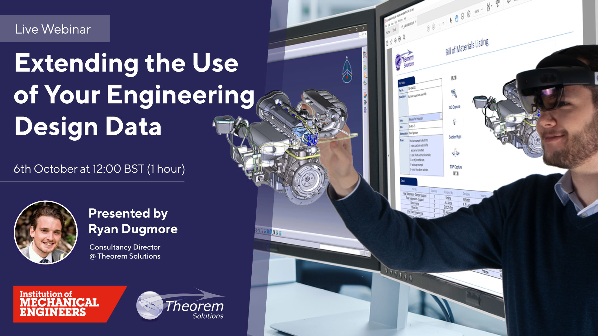 A webinar graphic with details for IMechE's upcoming Theorem Solutions webinar on Extending the Use of Your Engineering Design Data.