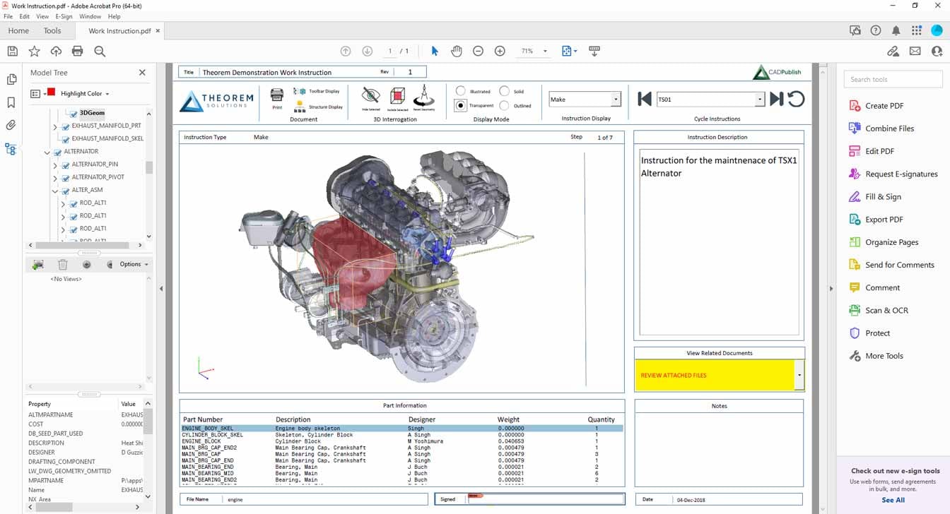 3D CAD design data within a work instructions 3D PDF document