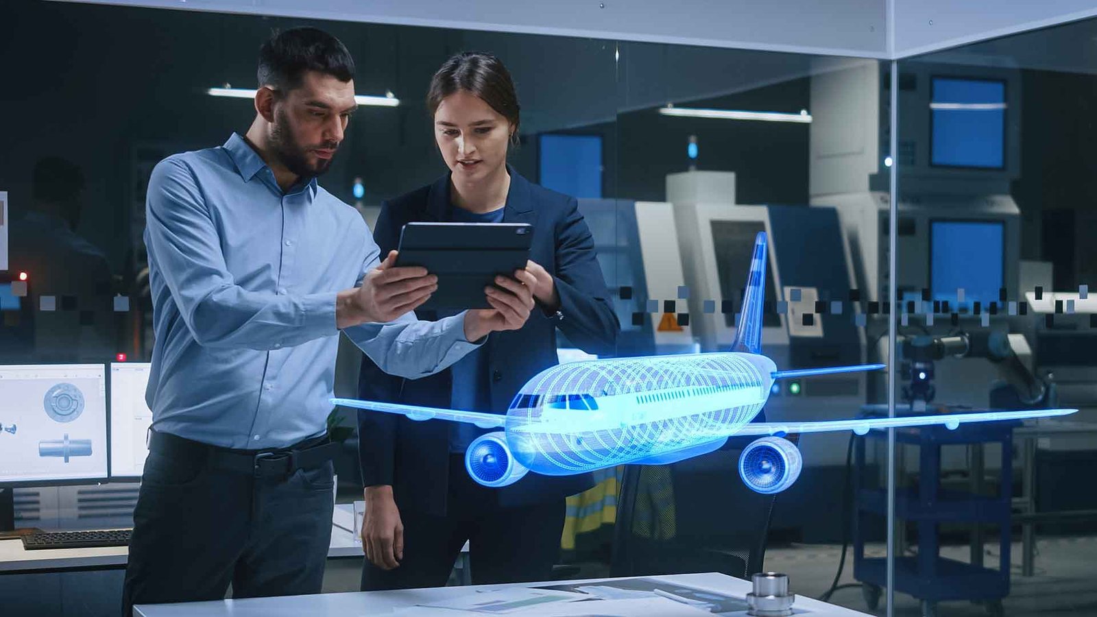 An engineer using a tablet to visualize an aeroplane design in augmented reality