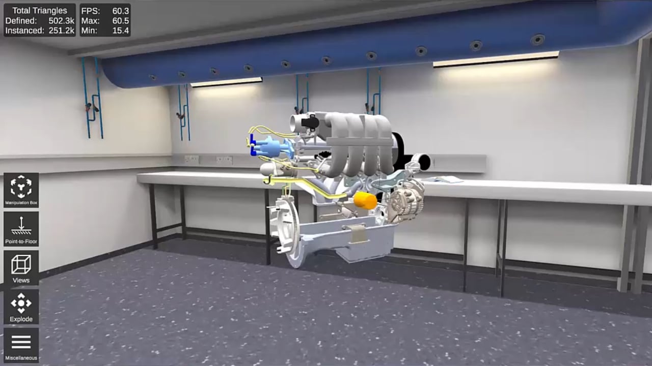A car engine model in VR optimized using the Shrink Wrapping optimization feature from the Theorem Visualization Pipeline.