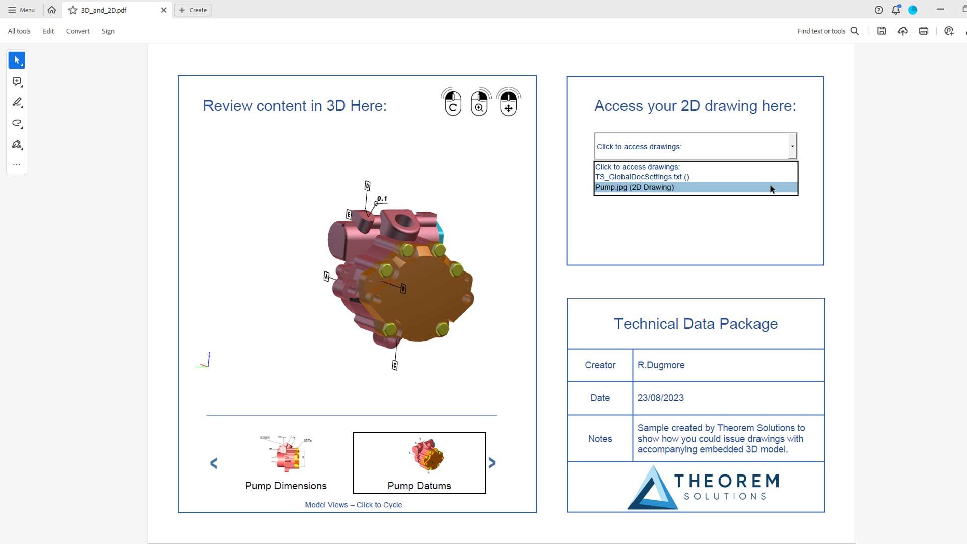 Combination of 3D and 2D data in a 3D PDF technical data package