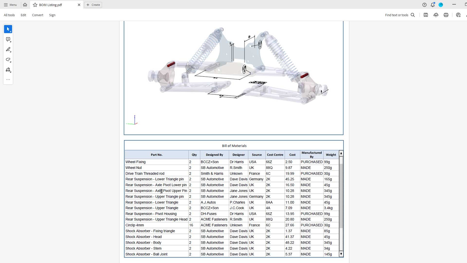 3D PDF Bill of Materials Template