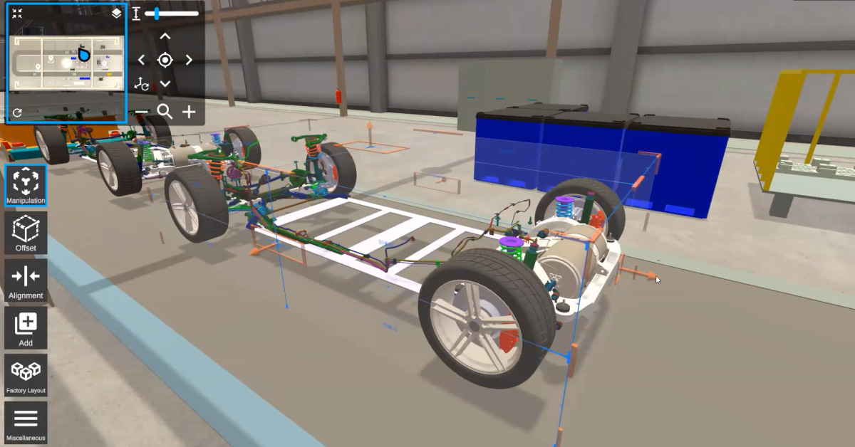 A car chasis model loaded into a factory layout VR session with waypoints.